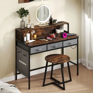 Ensemble Coiffeuse et Tabouret COSTWAY, Station de Charge, Tiroirs en Tissu, Poches Lat&eacute;rales, Support pour Moniteur, Brun Rustique - Neuf