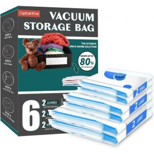 KALANKA-Sac sous Vide Vetement Aspirateur 6 Pièces, CaptainFive Sac Rangement sous Vide (2*100x80cm + 2*80x61cm + 2*70x51cm), Housse de Rangement Sous Vide Réutilisables pour Vêtements, Couettes, Lit - Neuf