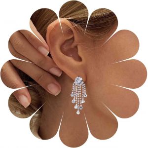 Kal-Boucles D'oreilles Chandelier En Cz Boucles D'oreilles Pendantes Chandelier En Argent Boucles D'oreilles Tassel En Cz De Mariage En Strass Bijoux Pour Femmes Et Filles (Argent Avec Cristal) - Neuf