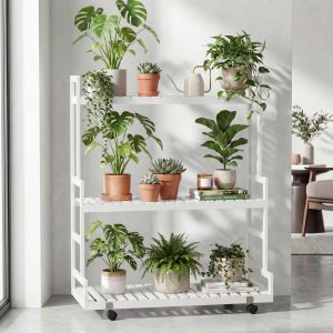 &Eacute;tag&egrave;re &Agrave; Plantes En Bambou Hwc-Q33, &Eacute;tag&egrave;re En Escalier Pour Fleurs, 3 Niveaux, Roulettes, 105 X 90 X 38 CmBlanc - Neuf