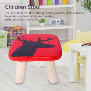 Hjlian Petit Tabouret En Bois Deng Avec Tapis En Flanelle Pour Enfants (Cerf Rouge) - Neuf