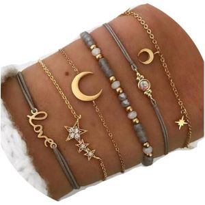 Lot De 6 Bracelets Boh&egrave;mes &Eacute;toiles Et Lune En Cristal Et Pierres Pr&eacute;cieuses Bracelet Dor&eacute; Perles Cha&icirc;ne Faite Main Pour Femmes Et Filles, Simple, &Eacute;l&eacute;gant, Bracelet Au Style Luxueux - Neuf