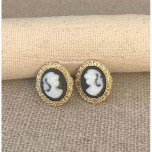 Boucles D'oreilles - Bijoux - Cam&eacute;e - R&eacute;sine Noire - Plaqu&eacute; Or 18 Carats - Femme - Neuf