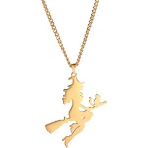 Kal-Collier Pendentif Sorcière Magique Balai De Chat Sorcière Volante Lune Croissant Balai Choker Sorcellerie Charme Halloween Amulette Bijoux Cadeaux Filles - Neuf