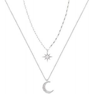 Asas-Collier Bijoux Chaînes Femmes Hommes Collier Argent Sterling 925 Double Couche Étoile Lune Clavicule Chaîne Collier Pour Femmes Filles Zircon Cubique Collier Cadeau - Neuf