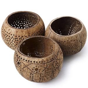 Bougeoirs en bois de coquillage de noix de coco (lot de 3) avec bougies parfum&eacute;es &agrave; la noix de coco - Boho Decor,Cand votif - Neuf