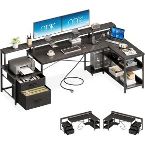 SUBZONAL-Bureau d&iquest;Angle en L avec Rangement et Tiroirs, 189.3&times;100cm Grand Bureau Gaming R&eacute;versible avec Prise de USB et Prises Courant, Table Informatique pour Chambre ou Coin Travail, Noir - Neuf