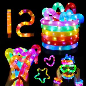 RVKAL-12Pcs Pop Tube Led Couleur,Mini Jouets Sensoriels,Tuyau Extensible Pour Soulager Le Stress,Fournitures De Fête Lumineuses - Neuf