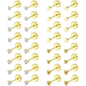 16 Paires Boucle D'oreille Acier Inoxydable Hypoallergénique Lot Boucles D'oreilles Femme Argent Or Boucles D'oreilles Cartilage Zircon Balle Clou D'oreille Piercing Bijoux 2/3mm.[X1136] - Neuf