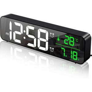 Digital Alarm Clock, Horloge Murale, Matin, Réveil, Numérique de Miroir de LED, Grand Écran avec la Date et l'Affichage de la Température, 2 Alarmes, 40 Musique, Réglable 6 Niveau - Neuf
