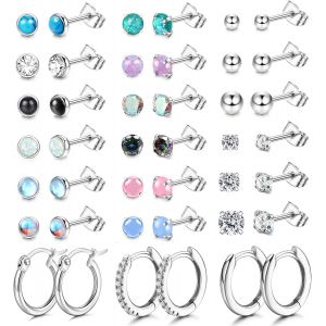 Kal-21pairs Petites Boucles D'oreilles Femme Acier Chirurgical Zirconia Opale Pierre De Lune Clous D'oreilles Hypoallerg&eacute;nique Boucles D'oreilles Cr&eacute;oles Argent Piercing Cartilage Oreille - Neuf
