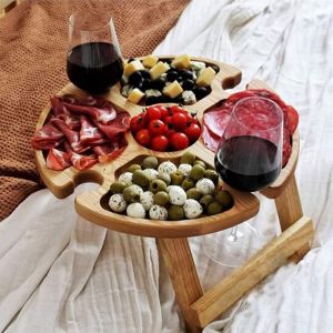 2021 Nouvelle Table De Pique-Extérieure Pliante En Bois Avec Porte-Verre,Étagère En Verre À Vin 2 En 1 Et Collation - Neuf