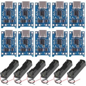 THEF-6 Pièces 3.7V 18650 Support de Batterie Boîtier en Plastique Boîte de Rangement avec Wire Leads + 10 Pièces Interface d'entrée de Type C USB 5V 1A 18650 Module de Chargeur de Batterie - Neuf