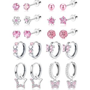 Kalhx-10paires Petites Boucles D'oreilles Femmes Enfant Fille Acier Chirurgical Hypoallergéniques Créoles Pendantes Multicolore Papillon Fleur Coeur Cartilage Clous D'oreilles Ensemble - Neuf