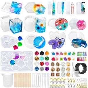 120pcs Kit Resine Epoxy Complet,Moule Silicone Resine Epoxy Grandde Moules Diy,Ronds,Carres Et Cylindrique Pour Bijoux Stylo Support Pot De Fleurs Etc - Neuf