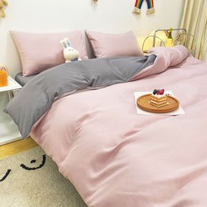 Hjlian Parure De Lit En Coton Lave, Couleur Unie, Housse De Couette, Taie D'oreiller, Chaude Et Respirante, Rose, 1,8 M, Quatre Pieces - Neuf