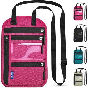 TRAHOO-Pochette Tour de Cou Voyage Bloqueur RFID Sac de Passeport pour Femme Homme Imperm&eacute;able Porte-Passeport avec Bandouli&egrave;re R&eacute;glable pour Cartes &Eacute;l&eacute;phone (Rose Rouge) - Neuf