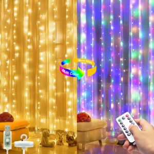3m*3m Rideau Lumineux, 300LED Rideau Guirlande Lumineuse Changement Couleur, Blanc Chaud/Multicolore 8 Modes Etanche Guirlande Rideaux LED avec T&eacute;l&eacute;commande pour Interieur, No&euml;l, Chambre, Mariage - Neuf