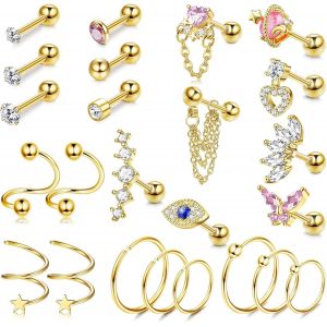 Kal-24pcs Helix Hypoallerg&eacute;nique Boucles D'oreilles Femme Tragus Conch Labret Cz Piercing Oreille Acier Inoxydable Cartilage 16g Or Argent Or Rose - Neuf