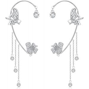 Kal-2 Pi&egrave;ces Boucles D'oreilles Papillon Pour Femme Argent/Or Elfe Manchette Ear Cuff Papillon Fleur Zircon Brillant Clips Oreilles Non Perc&eacute;es Boucles D'oreilles Pour Femmes Filles - Neuf