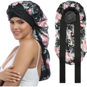 TIANYI-Long Bonnet Satin Cheveux Nuit pour Femmes - Bonnet élastique pour soin cheveux bouclés - Large bande élastique et tissu soyeux pour protéger vos boucles pendant la nuit - Neuf