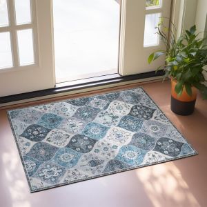 Sjzg-Tapis Marocain &Agrave; Motif Floral - 60 X 110 Cm - Antid&eacute;rapant - Lavable - Petit Tapis Ultra Doux - Imprim&eacute; Antique - Style R&eacute;tro Vieilli - Tapis D'int&eacute;rieur &Agrave; Poils Courts - Bleu - Pour Entr&eacute;e, - Neuf