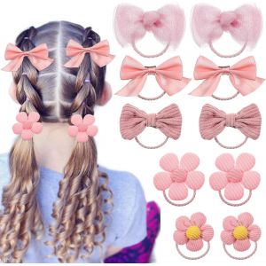 Lot De 10 &Eacute;lastiques &Agrave; Cheveux Roses Avec Noeud, Joli Bandeau &Eacute;lastique &Agrave; Cheveux En Forme De Fleur, Support Pour Queue De Cheval, Ruban Noeud Papillon Accessoires Pour Femmes, Filles, Tout Petits - Neuf