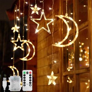 Kal-Led Guirlande Lumineuse - 3,5 M Rideau Lumineux Étoile Et Lune - 8 Modes Clignotants - Décoration Pour Noël, Mariage, Fête, Maison, Terrasse, Ramadan, Pelous (B - Blanc Chaud) - Neuf