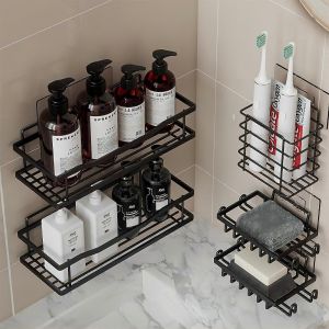 etagere de douche adhesive, porte-savon et porte-brosses a dents avec 5 paquets d'etageres de douche - Neuf