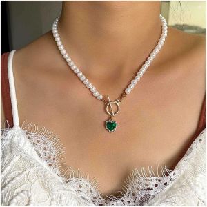 Kal-Collier Coeur Émeraude De Bohème Collier Choker En Perles Vintage Collier Pendentif Coeur Cz Vert Collier Fermoir Toggle Collier Choker Bijoux Pour Femmes Et Filles - Neuf