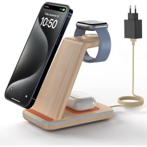 Station De Charge Pour Apple, Chargeur Induction 3 En 1 Pour Iphone Air/17/16/15/14/13/12/11/Xs/8, Support Chargeur Pour Apple Watch Ultra/11-2/Se, Chargeur Sans Fil Pour Airpods Pro-2, Bambou - Neuf