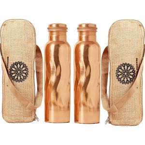 Checarzhn--No1-Lot De 2 Bouteilles D'eau En Cuivre Pur De 1 000 Ml Avec Sac De Transport Pour Le Sport, Le Yoga, La Salle De Sport, Le Bureau, La Randonnée (Bouteille Courbe Naturelle) - Neuf
