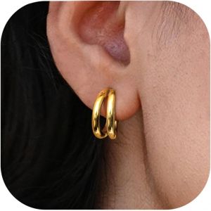 Kal-Boucles D'oreilles Double Anneau En Argent 925, Plaquées Or 14 Carats, Boucles D'oreilles Ouvertes Avec Zircone, Petites Créoles Hypoallergéniques Pour Femmes Et Filles, 14mm, Argent/Or. - Neuf