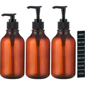 KAL-Distributeur De Savon Ambré En Plastique, 300Ml 3Pièces Rechargeable Flacon Pompe De Shampooing Et Gel Douche Lotion Détergent, Bouteille Vide Avec Pompe Pour Bain, Cuisine, Hôtel-Buse Ronde - Neuf