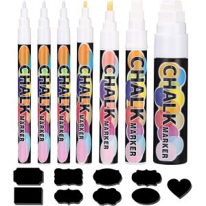 JEXNOVASHOP-Lot de 7 marqueurs à craie liquide blanche effaçables à sec pour tableau de fenêtre et 48 étiquettes pour tableau noir (1 mm, 1 mm, 1 mm, 3 mm, 6 mm, 10 mm et 15 mm) - Neuf