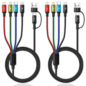 C&acirc;bles de Charge USB 4 en 2, 3m Lot de 2 Cable Multi Embout avec Transfert de Donn&eacute;es, Avec ports Lightning/type C/Micro USB, C&acirc;ble de Charge Rapide pour iPhone/Galaxy/Android/Google/Tablettes - Neuf