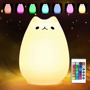 Veilleuse Chat Mignonne,Lampe Pour Chat Squishy Led Avec Télécommande,Lumière Tactile Kitty Cat,Veilleuse Bébé En Silicone Pour Enfants,Luminosité Réglable/16 Couleurs - Neuf