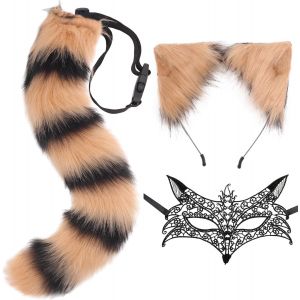 Ensemble Queue Et Oreilles De Renard Loup Masque Dentelle,Longue Fausse Fourrure Queue Pince &Agrave; Cheveux Oreille Et Masque Cosplay Costume Pour Halloween,No&euml;l,F&ecirc;te Costum&eacute;e.[J447] - Neuf