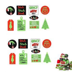 Ensemble de 18 plateaux d&eacute;coratifs &agrave; &eacute;tages sur le th&egrave;me du Grinch, parfaits pour les f&ecirc;tes de fin d'ann&eacute;e et la d&eacute;coration int&eacute;rieure. - Neuf
