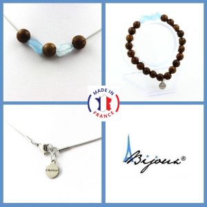 Parure Bijoux Bracelet Collier Perles Bois 8 Mm + Aigue-Marine Du Taille Personnalisable. - Neuf