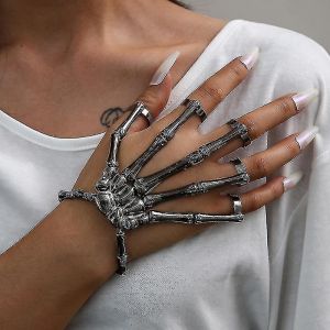 Unique Punk Squelette Main Os Polyvalent Cinq Doigts Bague Bracelet Réglable Une Chaîne Bracelet-Yu - Neuf