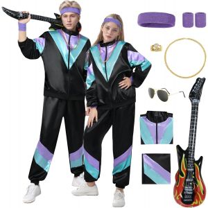 Bnhgo-Costume Années 80 Survêtement, Deguisement Annee 80 Homme, Costume 80 Survêtement Accessoires Bandeau Lunettes Protège-Poignets Pour Carnaval, Soirée Deguise - Neuf