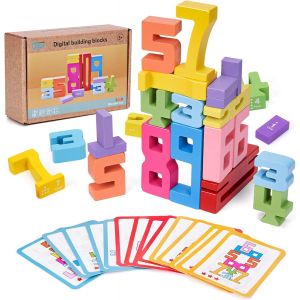 ChenQuanSarl-Lot De 20 Blocs De Construction En Bois Avec 15 Cartes &Agrave; Empiler Num&eacute;rot&eacute;es - Jeu &Eacute;ducatif Math&eacute;matique Montessori &Agrave; Partir De 3 Ans - Blocs De Construction En Bois Massif - Neuf