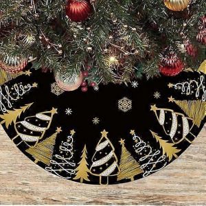 Jupe de sapin de No&euml;l noire et dor&eacute;e de 122 cm (48 pouces) avec flocons de neige et collerette dor&eacute;e en pin. Tapis de No&euml;l pour d&eacute;corations hivernales d'int&eacute;rieur et d'ext&eacute;rieur. - Neuf