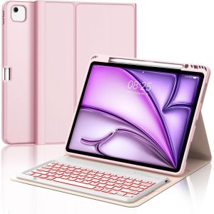 Clavier Pour Ipad Air 13 (M2 2024/M3 2025), Bluetooth Magnétique Amovible, 7 Couleurs Rétro-Éclairées, Étui Avec Italien Qwerty Clavier Pour Ipad Air 13"" M3 2024/2025, Rose Clair - Neuf