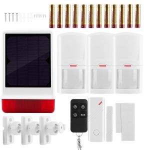Systeme d'alarme de securite antivol sans fil 433 MHz avec sirene solaire, 1 aimant de porte, 3 detecteurs PIR et 1 telecommande. - Neuf