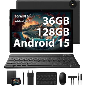 Android 15 Tablette 10 Pouces, 36Go+ 128Go(1To Tf) Tablette Tactile Avec Clavier Et Souris, Octa-Core, Wifi 6 / Bt 5.0 / 8000Mah / 8Mp+5Mp / Widevine L1 / Wps/Fm, Noir - Neuf