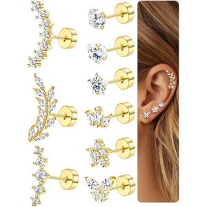 Kalhx-9pcs Boucles D'oreilles Femme Acier Inoxydable Piercing Tragus Helix Hypoallergène Piercing Oreille Or Argent Boucles D'oreilles Oreille Piercings Conch Tragus Helix Piercings - Neuf
