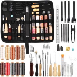 Yemaesre-Ensembled'outils En Cuir, Ensemble De Couture En Cuir, Outil De Couture En Cuir Avec Fil Ciré 10 Couleurs, Outils De Poinçonnage Poinçon, Poinçon En Cuir, Aiguille À Coudre, Poinçon À Coudre - Neuf
