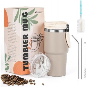 Eryi-Mug Isotherme Cafe Avec Paille Inox Et Poignée.Tasse Isotherme Cafe Paille Avec 2 Couvercle Anti-Fuite.Gobelet Isotherme Pour Boissons Chaudes Et Glacé.Gobelet Smoothie/Cafe 600ml - Neuf